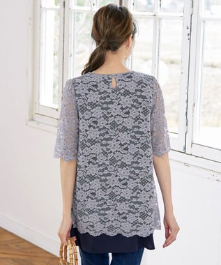Tiaclasse 【洗える】スカラップレースチュニックブラウス グレー×ネイビー