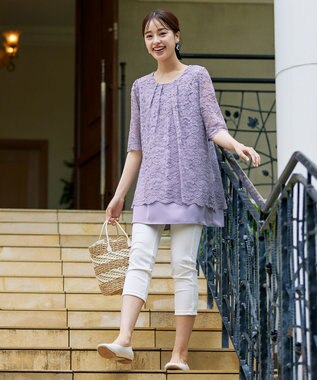 Tiaclasse 【洗える】スカラップレースチュニックブラウス ラベンダー