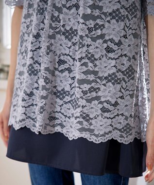 Tiaclasse 【洗える】スカラップレースチュニックブラウス グレー×ネイビー