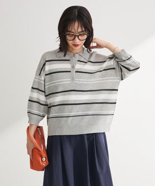 Green Parks 衿付き７分袖ニットプルオーバー Gray Mixture