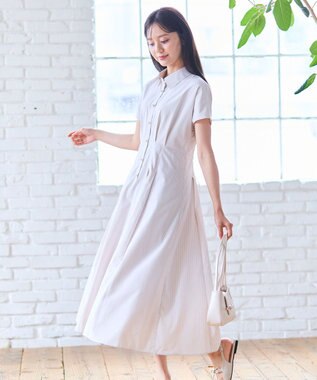 Feroux 【洗える】パールボタンストライプ シャツワンピース ベージュ系1