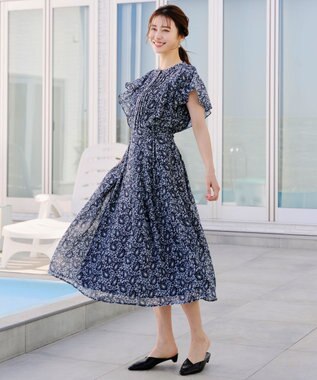 Tiaclasse L 【洗える】ペイズリー柄フレアスリーブワンピース ネイビー