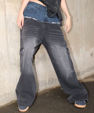 WEGO 【ユニセックス着用ITEM?MLサイズ展開】ダブルウエストカーゴデニムパンツ デニムブラックソノタ