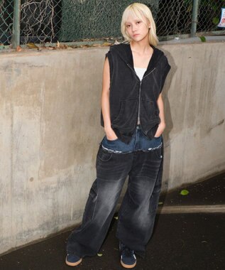 WEGO 【ユニセックス着用ITEM?MLサイズ展開】ダブルウエストカーゴデニムパンツ デニムブラックソノタ