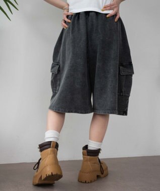 WEGO 【ウエストゴム】スウェットカーゴハーフパンツ スミクロ