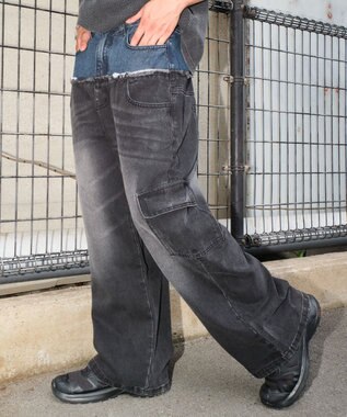 WEGO 【ユニセックス着用ITEM?MLサイズ展開】ダブルウエストカーゴデニムパンツ デニムブラックソノタ