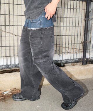 WEGO 【ユニセックス着用ITEM?MLサイズ展開】ダブルウエストカーゴデニムパンツ デニムブラックソノタ