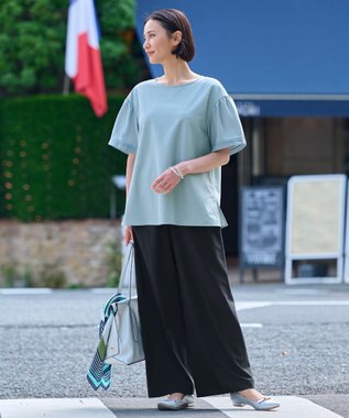 自由区 【WEB限定カラーあり】【UVカット・吸水速乾・洗える】ツイストプレーンラッフルスリーブ カットソー [WEB限定]グレイッシュミント