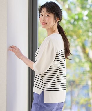 ANY パフスリーブニットプルオーバー オフ×ネイビー