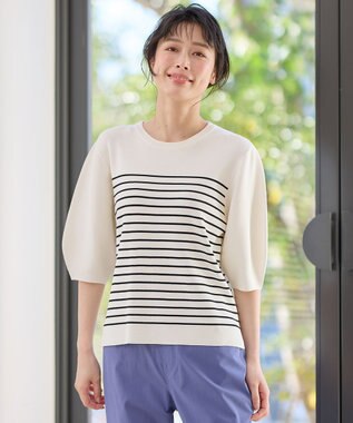 ANY パフスリーブニットプルオーバー オフ×ネイビー