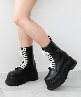 WEGO 厚底ボリュームレースアップショートブーツ ブラック