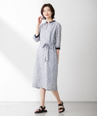 J.PRESS LADIES 【洗える】 スパンローンフラワー バンドカラー ワンピース サックスブルー系5