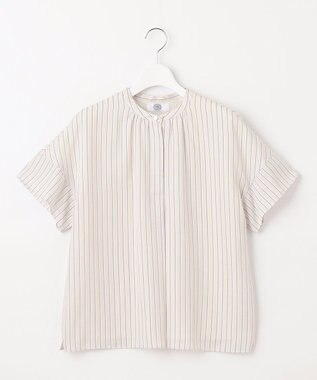 J.PRESS LADIES シアーストライプチェック フレンチスリーブ バンドカラー カットソー ベージュ系1