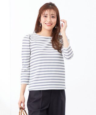 ANY SIS 【洗える】ミニケーブルジャカード プルオーバー オフ×ブラックボーダー