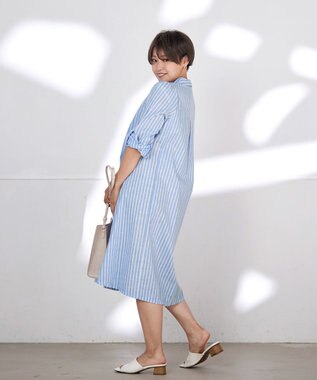 Tiaclasse 【洗える】 麻調Aラインシャツワンピース サックスストライプ