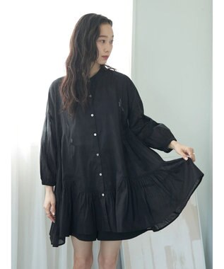 earth music&ecology コットンボイル切替ティアードチュニック Black