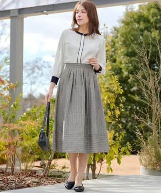 Tiaclasse 【新色追加・選べる丈】麻調タックフレアスカート ミモレ丈グレーストライプ