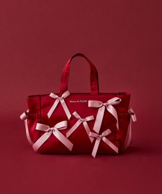 Maison de FLEUR サイドポケットリボンサテントートバッグ Red
