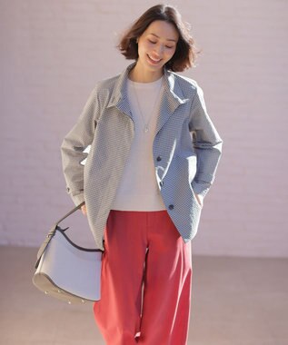 J.PRESS LADIES Lightストレッチチェック スタンドカラー コート ダークネイビーギンガム系