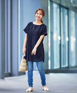 Tiaclasse L 【洗える】シアーコンビチュニックブラウス ネイビー