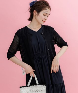 組曲 【前後着用可】メッシュニット 七分袖カーディガン ブラック系