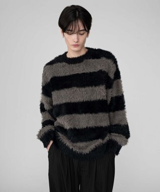 WEGO 【2025秋冬新作/ユニセックス着用ITEM/MLサイズ展開】フェザーニットプルオーバー ブラックボーダー