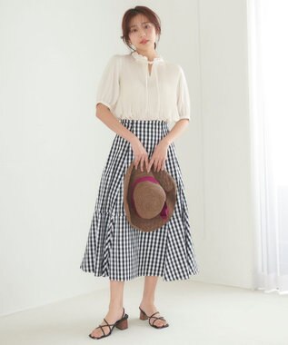 Feroux 【洗える】プリーツコンビ半袖 ブラウス アイボリー系