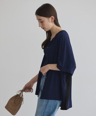 YECCA VECCA ギャザーデザイン配色シャツ Navy