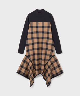GRACE CONTINENTAL チェックイレヘムニットワンピース キャメル