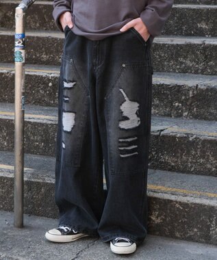 WEGO ダブルニーダメージデニムパンツ デニムブラックソノタ
