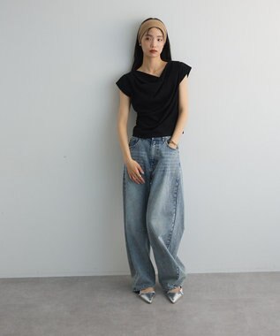 Green Parks ドレープオフショルフレンチ袖Ｔシャツ Black