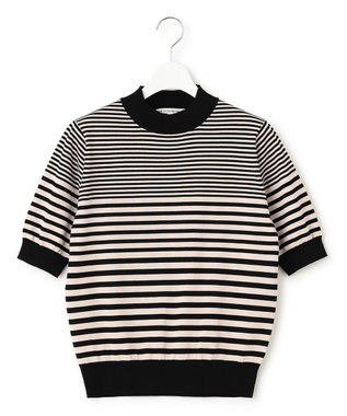 23区 L 【洗える】プレミアムビオコットン 半袖 ボーダー ニット ベージュxブラックボーダー