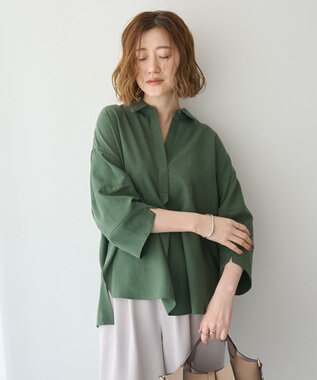 YECCA VECCA バルーン袖スキッパーシャツ Dark Khaki