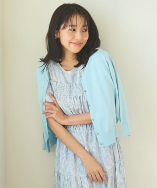 Feroux 【洗える・接触冷感・UVカット】ハートボタン7分袖 カーディガン スカイブルー系