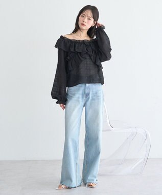 earth music&ecology シアーチェック2wayオフショルブラウス Black