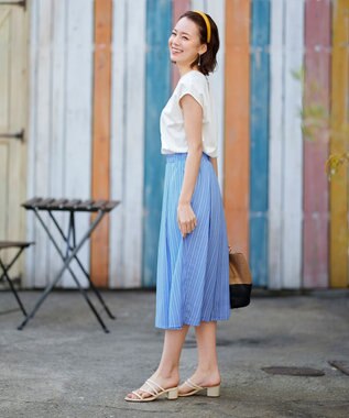 Tiaclasse 【洗える】異素材を組み合わせたカットソードッキングワンピース オフ×サックスストライプ