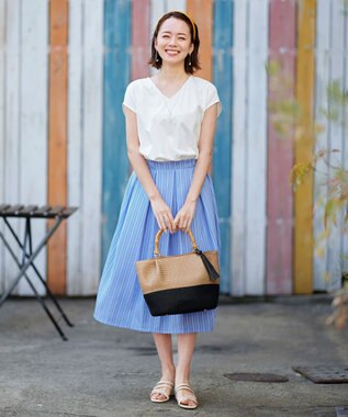 Tiaclasse 【洗える】異素材を組み合わせたカットソードッキングワンピース オフ×サックスストライプ