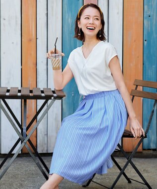 Tiaclasse 【洗える】異素材を組み合わせたカットソードッキングワンピース オフ×サックスストライプ