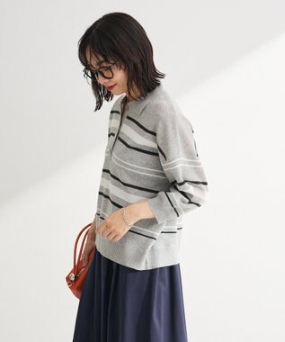 Green Parks 衿付き７分袖ニットプルオーバー Gray Mixture