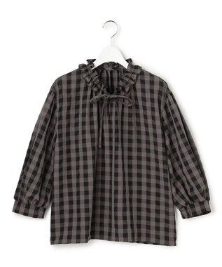 新品タグ付き　オンワード樫山　　　　　　 自由区　ブラウンチェックフリルブラウス 洗える】チェック柄フリルブラウス / Tiaclasse L