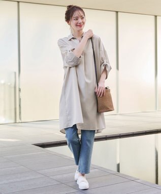 Tiaclasse 【洗える】麻ライクスキッパーシャツチュニック ベージュ