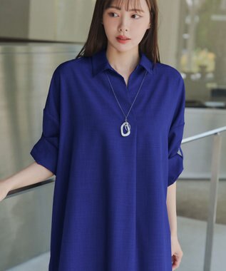 Tiaclasse 【洗える】麻ライクスキッパーシャツチュニック ブルー