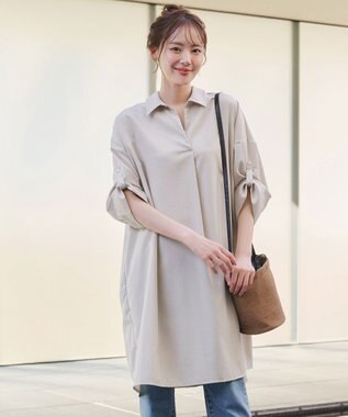 Tiaclasse 【洗える】麻ライクスキッパーシャツチュニック ベージュ