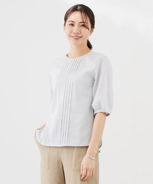 J.PRESS LADIES 【洗える】ラミーポプリン クルーネック ブラウス ライトグレー系