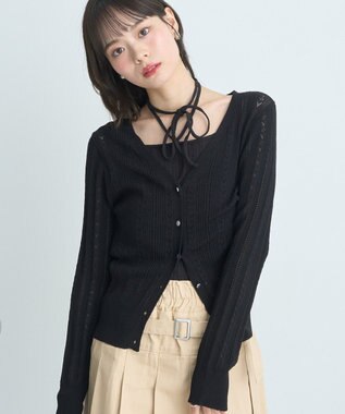 earth music&ecology シルバーボタン透かし編みニットカーディガン Black