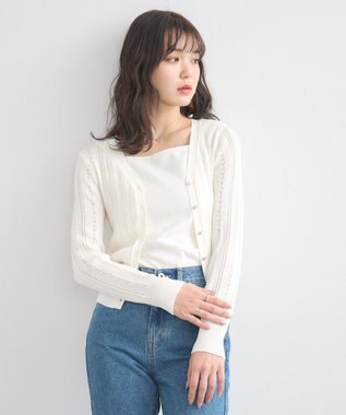 earth music&ecology シルバーボタン透かし編みニットカーディガン Ivory