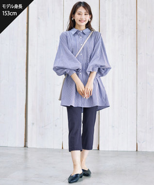 Tiaclasse 【洗える】パフ袖シャツチュニックブラウス ネイビーストライプ