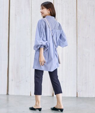 Tiaclasse 【洗える】パフ袖シャツチュニックブラウス ネイビーストライプ
