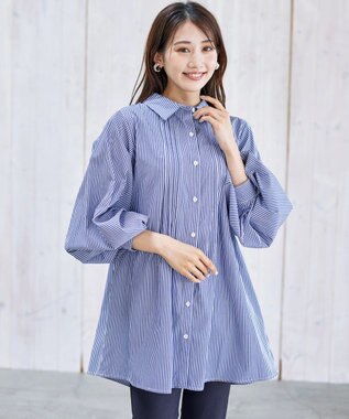 Tiaclasse 【洗える】パフ袖シャツチュニックブラウス ネイビーストライプ