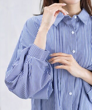 Tiaclasse 【洗える】パフ袖シャツチュニックブラウス ネイビーストライプ
